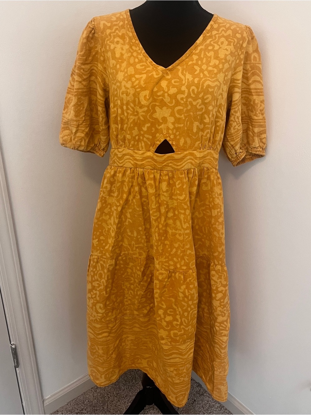 FabNu Mustard Yellow Cutout Midi Dress Puff Sleeve Boho Cottagecore Large Artsy - Picture 2 of 9